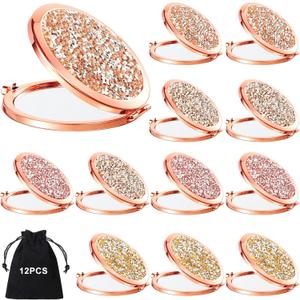 Cindeer 12 Pcs Small Compact Mirror Folding Pocket Makeup Round Hand Held Cosmetic Magnifying Compact Rhinestone Mirror with 1X/2X Magnification for Women Girls Travel (Assorted Colors)