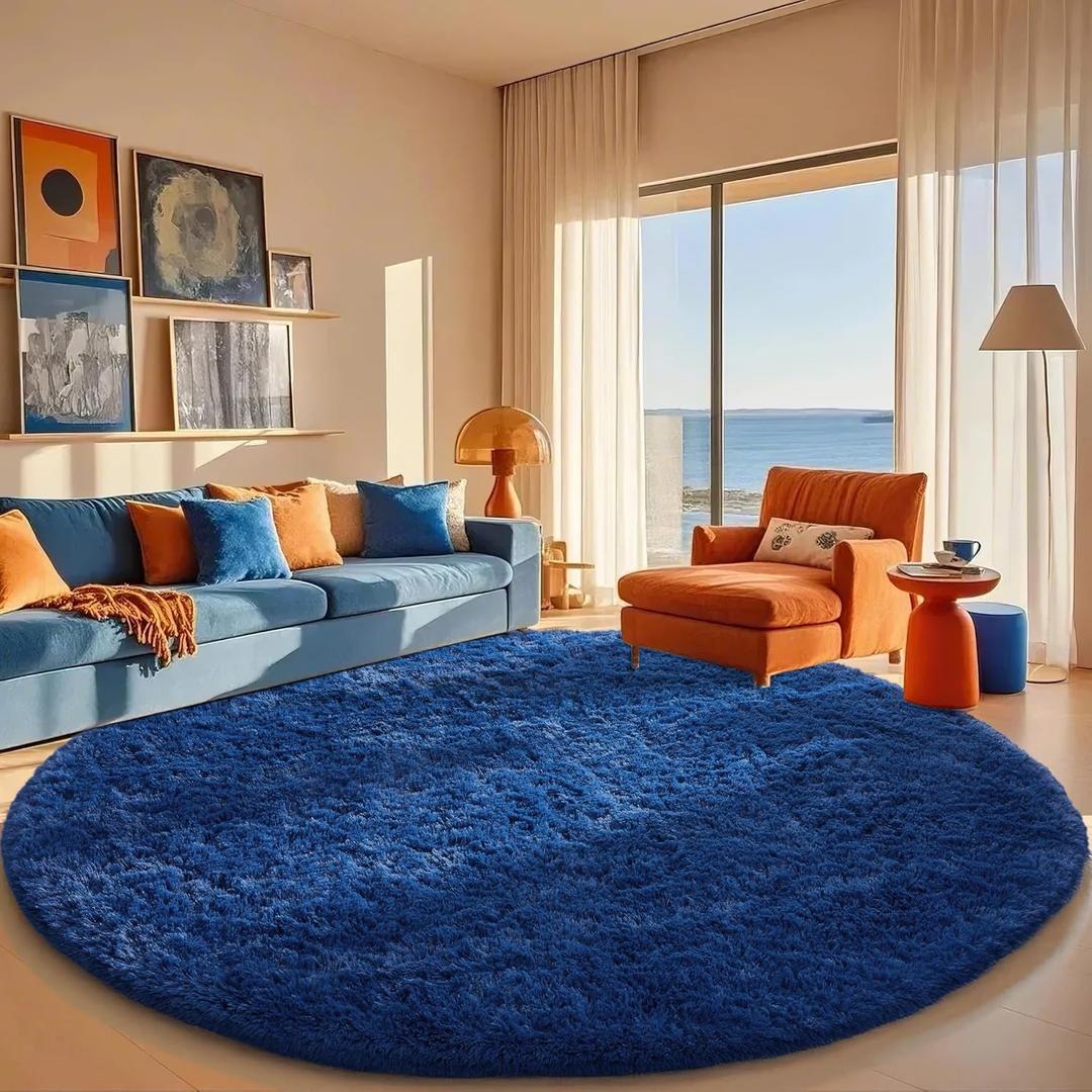 Ophanie Round Rug 8Ft Blue Circle Area Rug, Boys Room Decor, Fluffy Fuzzy Bedroom Carpet, Plush Soft Shaggy Living Room Rugs for Kids Home Decor Aesthetic, Nursery