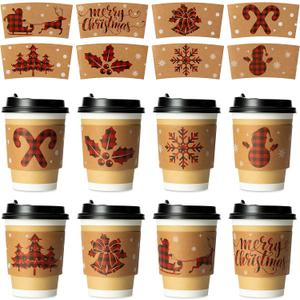 Haooryx Christmas Coffee Cup Tea Cup Sleeves - 40 Packs Hot Chocolate Cocoa Cups Sleeves Disposable Snowman Santa Kraft Paper Cup Sleeves for 12oz and 16oz Coffee Cold Drinks Beverage Cups, 8 Designs