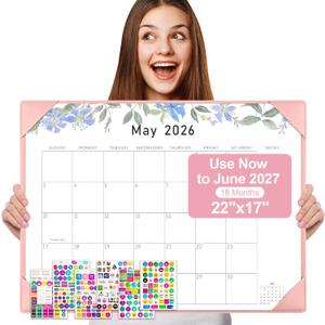 Gannyfer Desk Calendar 2026-2027 with Desktop Mat, Large 22" x 17" Desk Pad Calendar, 18-Month Calendar Use Now Through Jun 2027, Office Supplies for Home School Office, Pink with 6 Stickers