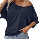 Hilinker Womens Sexy Off The Shoulder Tops Short Batwing Sleeve T Shirt Oversized Casual Tee Navy Blue Small (Blue, S)