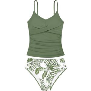 Girls Swimsuit 2 Piece Bathing Suit Criss Cross Ruched Girl Tankini Sets Printed Girls' Swimwear for 9-18 Years (15-16 Years, Green)