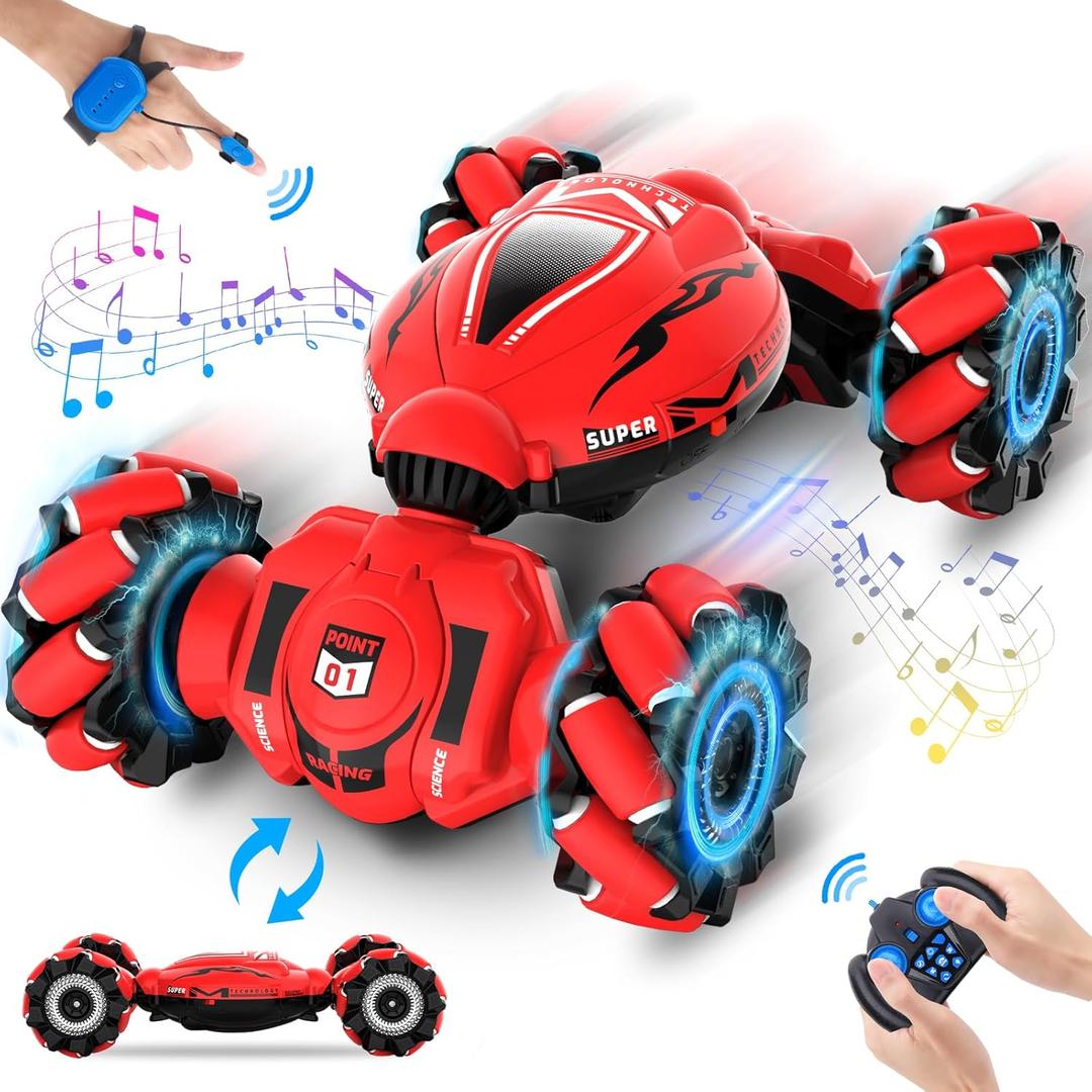 RC Car Toys for Boys Girls 6-12, Birthday Xmas Gifts for 6 7 8 9 10 11 12 Years Old, Gesture Sensing RC Stunt Car with Lights Music 2.4GHz 4WD Hand Remote Control 360 Rotate All-Round Drift (Red-black)