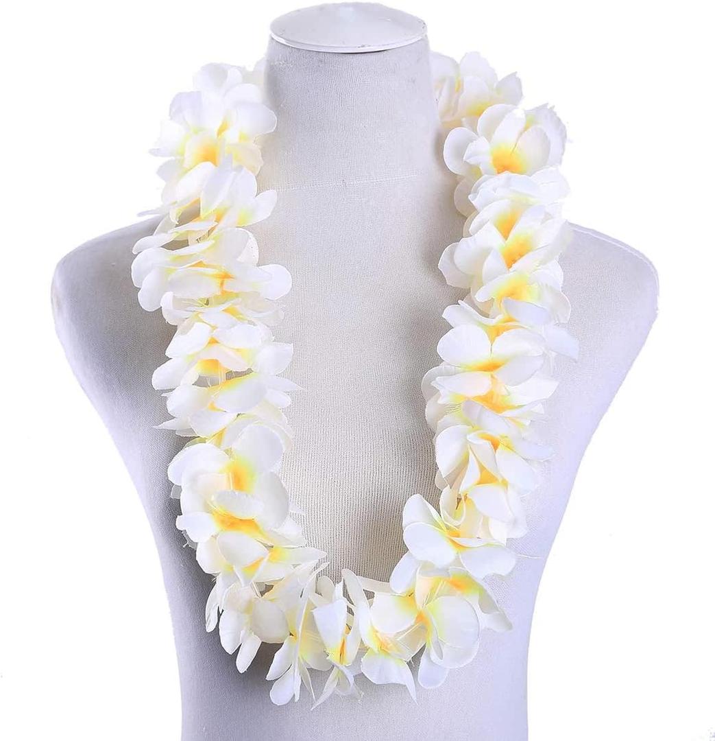 12-Pack Hawaiian Leis Necklace Tropical Luau Hawaii Wreaths Silk Flower Lei Thickened Dance Garland Flower Leis for Party Favor Hula Hawaiian Party Supplies (12, White)