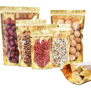 100 Pack Smell Proof Bags with Clear Front Window, 8x12+4 inch Resealable Stand Up Food Storage Bags Packaging Foil Mylar Pouches for Small Business, Foods, Party Favors (Gold)
