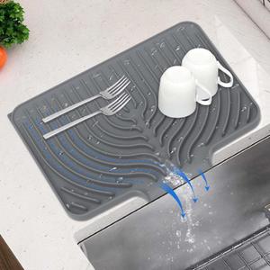 Silicone Dish Drying Mat for Kitchen Counter, With Built-in Drain Lip, 14.7"x10.2", Food-Grade Silicone, Compact Drainer Mat for Kitchen RV Campers Travel, Multi-Functional Use ( Grey) (Gray)