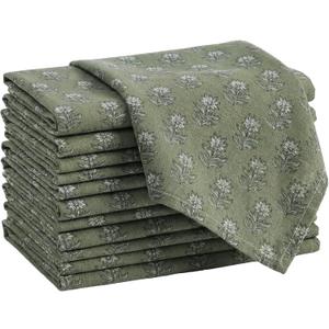 Mindsoft Set of 12 Floral Cloth Napkins Linen Cloth Napkins Spring Flower Wildflowers Dinner Napkin 18 x 18 Inch Vintage Washable Reusable for Dinner Home Restaurant Wedding Decor(Green,12 Pcs)
