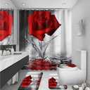 4Pcs Red Rose Shower Curtain Sets, Mother's Day Romantic Water Red Rose Bathroom Sets with Shower Curtain and Rugs Toilet Lid Cover Bath Mat, Waterproof Fabric Rose Gift Shower Curtains with Hooks
