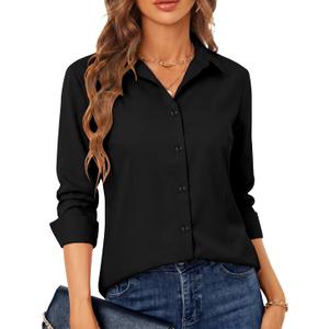 BBIBBI Regular, Petite & Tall XS-6XL Women's Stretch Long Sleeve Button Down Dress Shirts Solid Business Casual Work Blouse (Medium Petite, 00055_black)