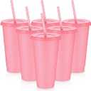 4 Pcs Reusable Tumbler with Lids, Plastic Iced Coffee Tumbler Glitter Travel Mug Cup for Smoothie Juices Birthday Party Cold Drink Coffee Cup. Different colors Pink