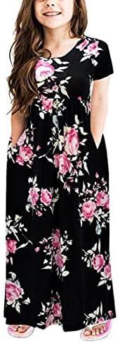 GORLYA Girl's Short Sleeve Floral Print Loose Casual Long Maxi Dress with Pockets 14Y