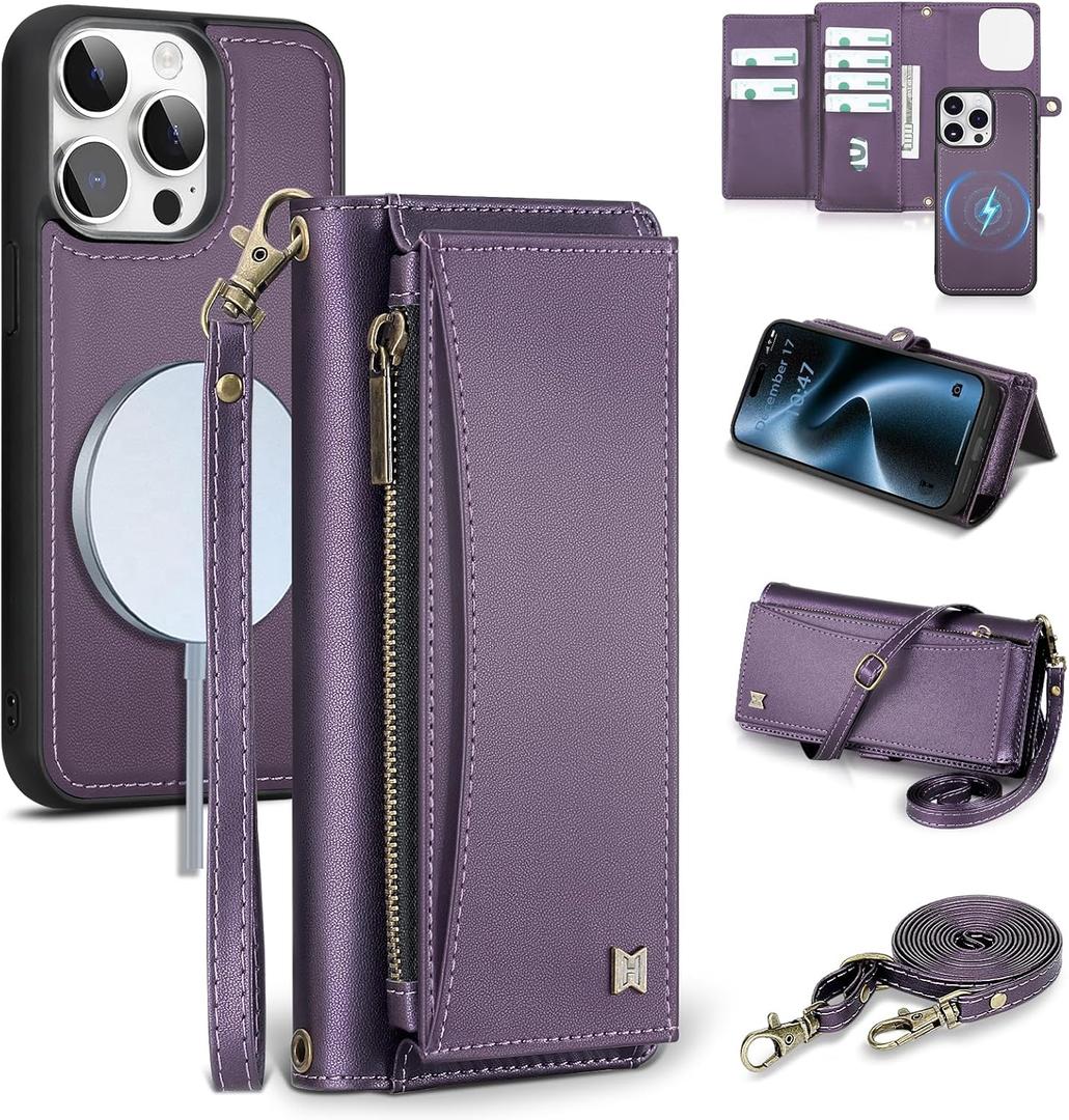 Wallet Case for iPhone 15 Pro Max with Card Holder/Crossbody Wallet/Strap| RFID Blocking | Magnetic | Kickstand | Detachable | PU Leather Phone Case for iPhone 15 Pro Max,6.7 in,Purple