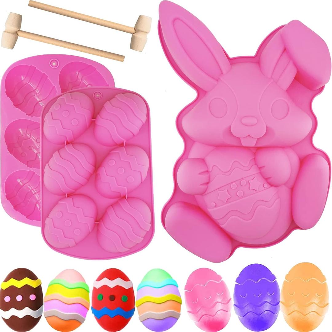 3Pcs Large Bunny Mold Easter Egg Mold, 3D Rabbit Bunny Easter Egg Shape Silicone Mold Easter Bunny Cake Mold Chocolate Egg Mold Silicone Baking Mould for Candy Jello Cocoa Bombs with 2 Wooden Hammers (Pink)