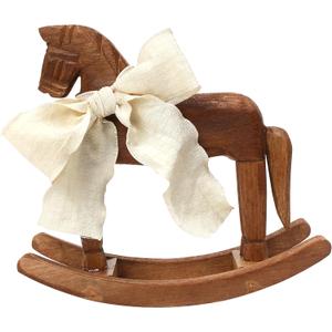 Wooden Horse, Rocking Horse Decor, Vintage Statue with Ribbon for Cake Topper, Desk Centerpiece, Unique Decorative Collectible Figurine Ornament for Table Decoration Holiday Season Housewarming Gift