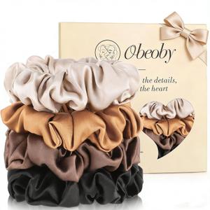 4 Pack Mulberry Silk Scrunchies, Brown Silk Hair Ties for Hair Sleep No Damag Satin Scrunchies Gifts for Mom Wife