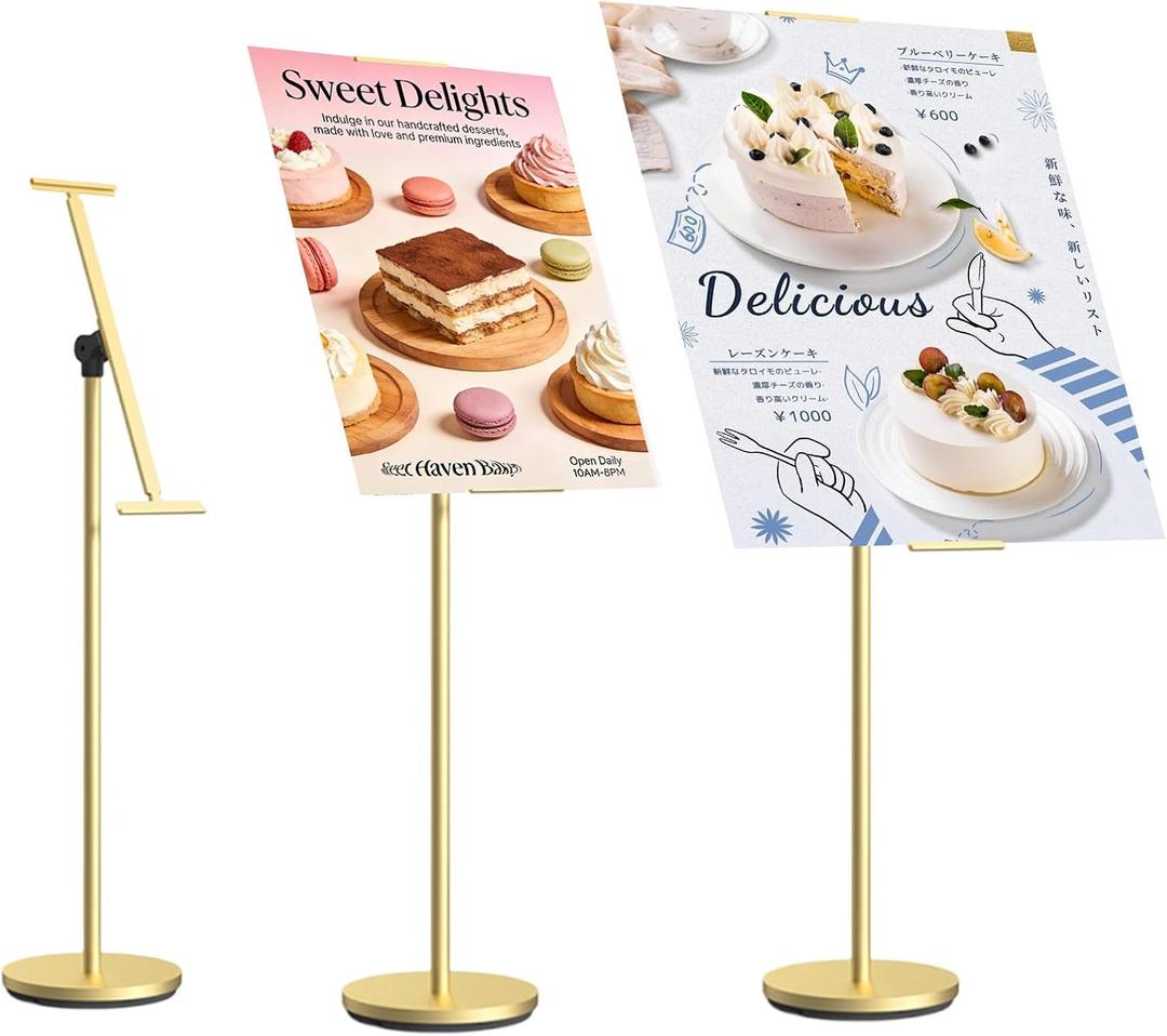 Display Stand Sign Holder, Heavy Duty Multi-angle Adjustable Metal Painting Easel Stand Height Up to 63 Inches Poster Stand with Round Base Fit Wedding,Restaurant or Business (Golden)