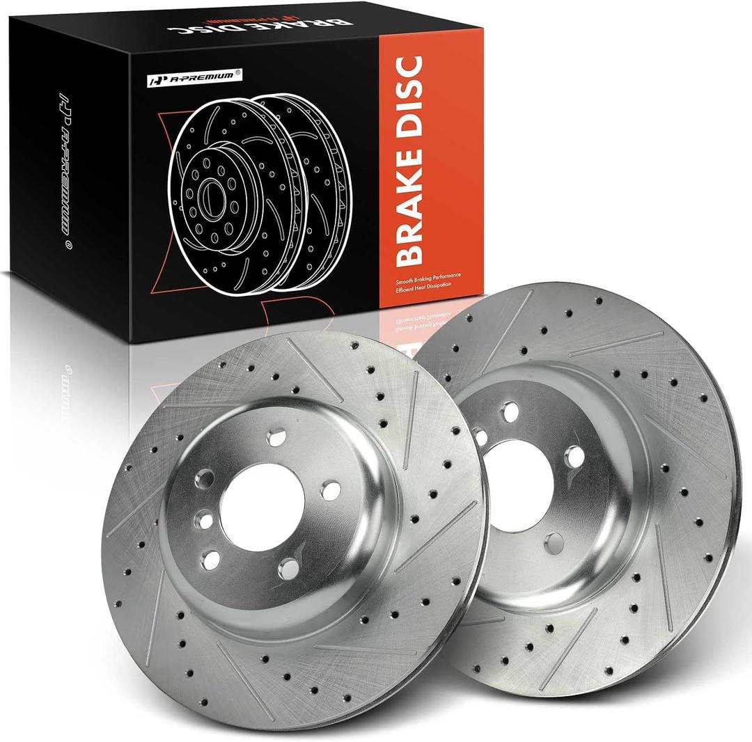 A-Premium 13.58 inch (345mm) Rear Drilled and Slotted Disc Brake Rotors Compatible with Select BMW Models - 535i, 535i GT, 535i GT xDrive, 550i, 550i/740Li xDrive, 740i, 740Li, 640i, 650i, 2-PC Set