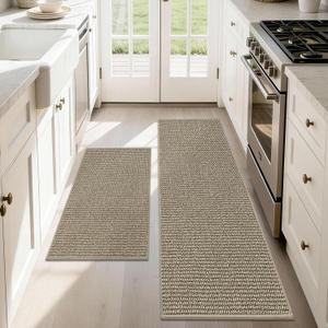 JSEI Kitchen Rugs and Mats, 2PCS Non-Slip Kitchen Mats for Floor, Machine Washable Absorbent and Stain Resistant Kitchen Runner, Carpet Mats with TPR Backing, 17''x30''+17''x48'', Beige