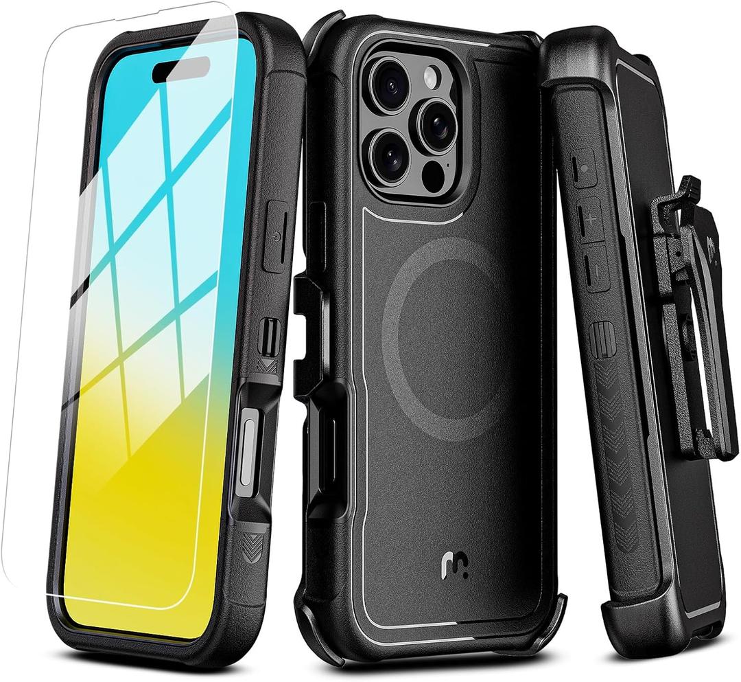M MYBAT PRO Maverick Series iPhone 16 Pro Max Case with Belt Clip Holster,[Compatible with Magsafe] w/Screen Protector,Anti-Drop,Shockproof,with 360Rotating Kickstand,Heavy Duty Protection Black