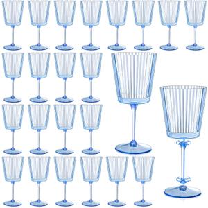 24 PCS Blue Ribbed Plastic Wine Glasses 13.5 OZ Ribbed Wine Glasses Detachable Wine Glass Elegant Fluted Glassware Vintage Style for Wedding Anniversary Birthday Dinner Parties(Blue, 24 Pack)