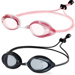 Racing Swim Goggles 2 Pack for Adult Men Women 180 Panoramic Clear View Bungee Strap Swimming Goggles No Leaking (Pink and Black)