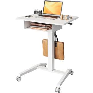 JOY Worker Mobile Standing Desk With Storage Drawer, Pneumatic Height Adjustable Laptop Workstation, White Rolling With Wheels for Home Office Classroom (White)