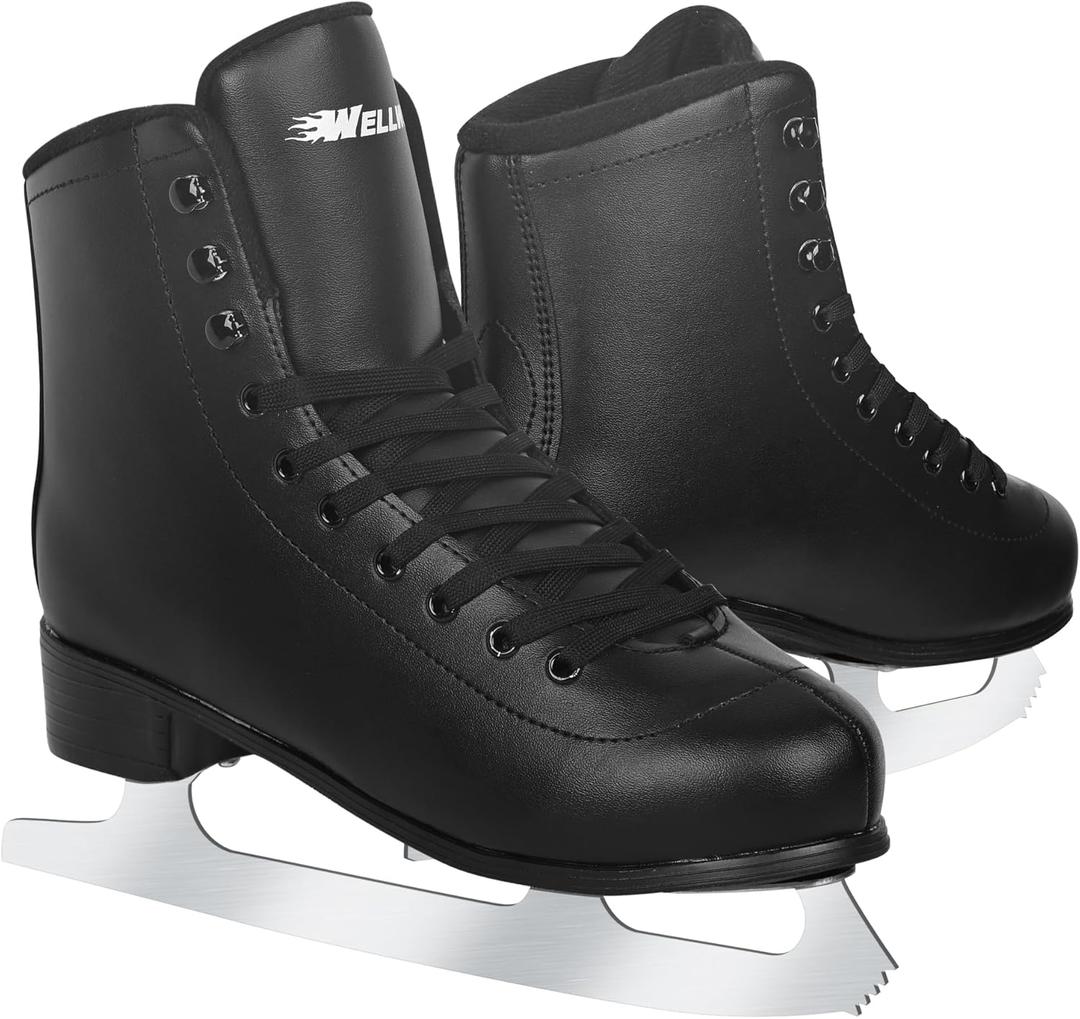 WELLWON Figure Ice Skates for Women Girls and Boys, Lace-Up Adult Figure Skate Ice Hockey Skates for Outdoor and Skating Rink, Figure Ice Skate Shoes Size Youth 2Y, Black