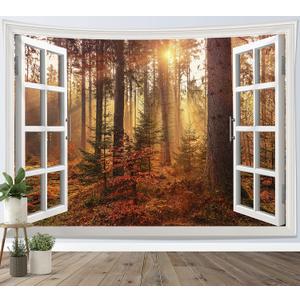 HVEST Fall Forest Tapestry Autumn Maple Tree Misty Forest Window Wall Tapestry for Bedroom Aesthetic Nature Landscape Wall Art Decor for Living Room Dorm, 40L x 60W Inches (Brown)