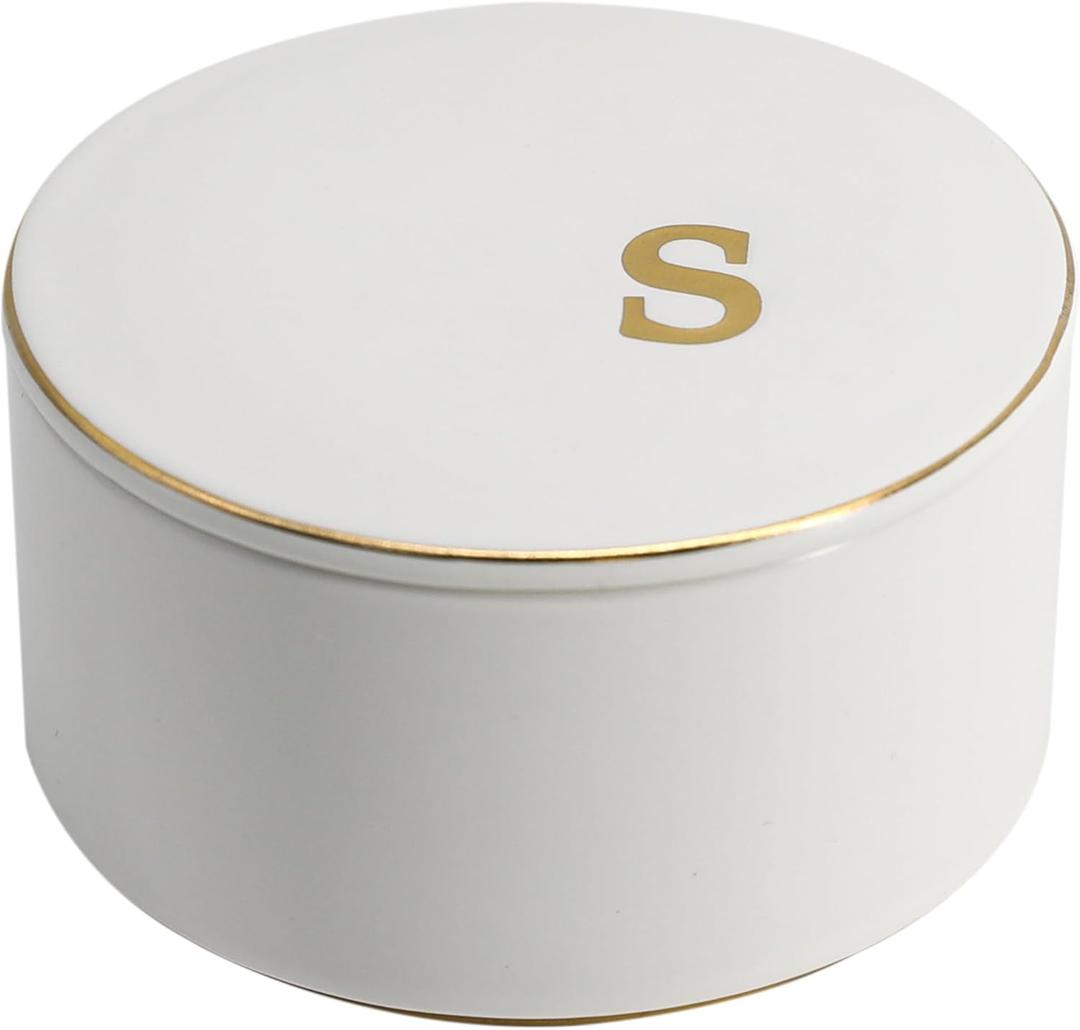 COLLECTIVE HOME - Ceramic Jewelry Box, Elegant Embossed Jewelry Holder, Trinket Organizer with Gold Monogram Lid, Storage for Ring Necklace Bracelet Earrings, Rings and Accessories (s)