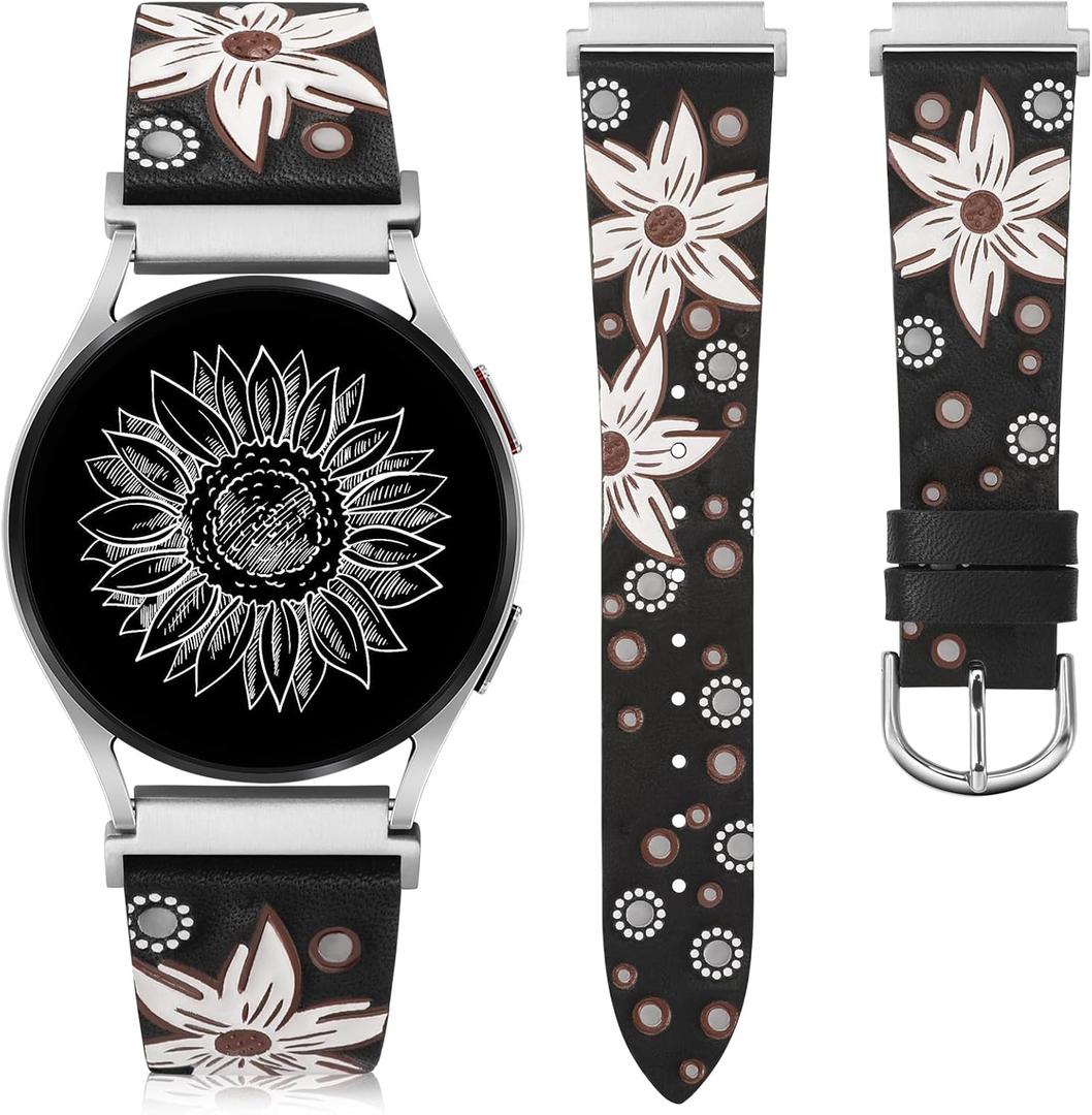 Minyee Leather Bands Compatible with Samsung Galaxy Watch 7 Band/Watch FE 6 5 4 40mm 44mm/Watch 5 pro Band 45mm/Watch 6 4 Classic 47mm 43mm 42mm 46mm, Boho Embossed Sunflower Designer 20mm Watch Band (Black Band / White Floral)