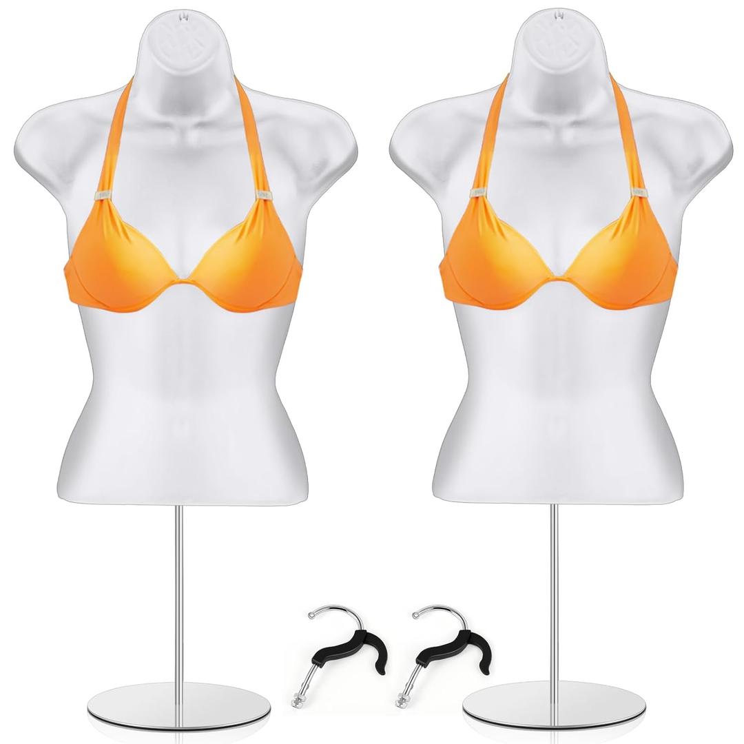 Geetery 2 Pieces Female Mannequin Torso Dress Form with Stand and Hanging Hook Table Top Mannequin Hollow Back Body for Counter Craft Show Photo Design Retail Store Exhibition, S-M Size (White)