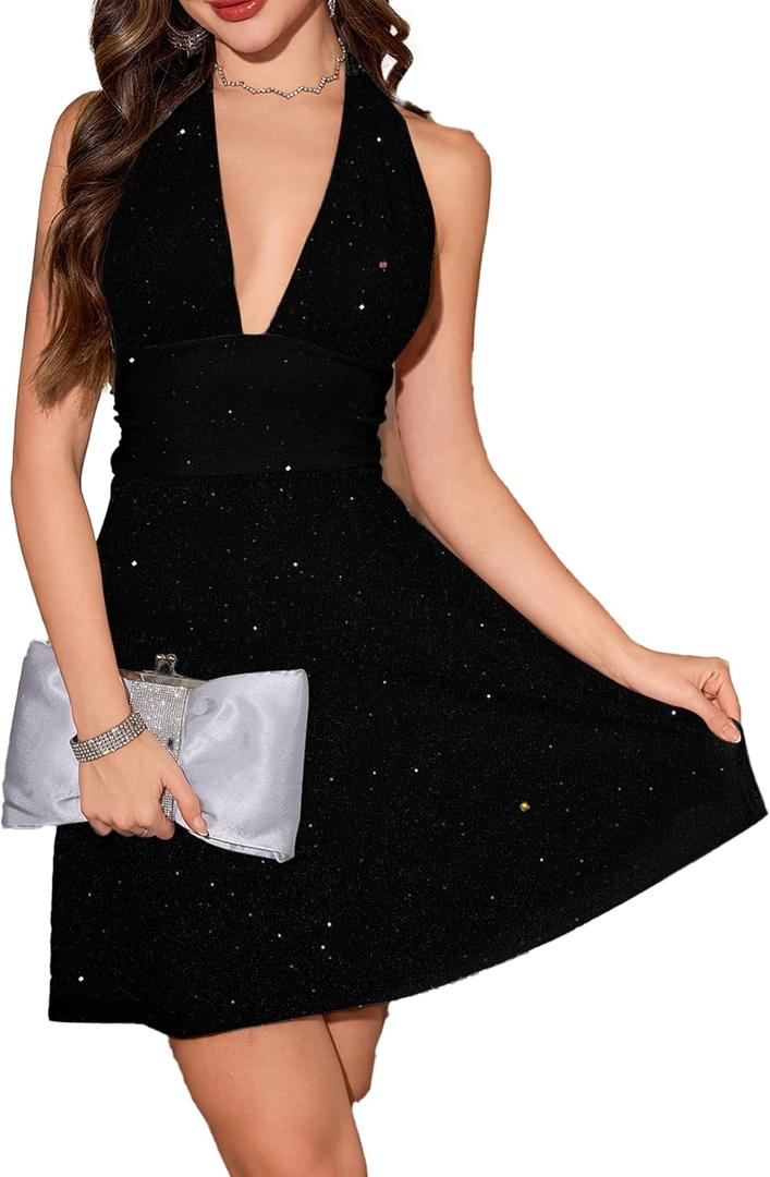 Sexy Deep V Neck Halter Glitter Bodycon Dress Sparkling Sleeveless Cocktail Party Dress Backless Women's Evening Clubwear (Black, S)