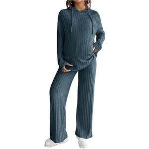 MakeMeChic Women's Maternity 2 Piece Outfits Lounge Set Ribbed Knit Long Sleeve Hoodie and Pants Pregnancy Set (Large, Blue)