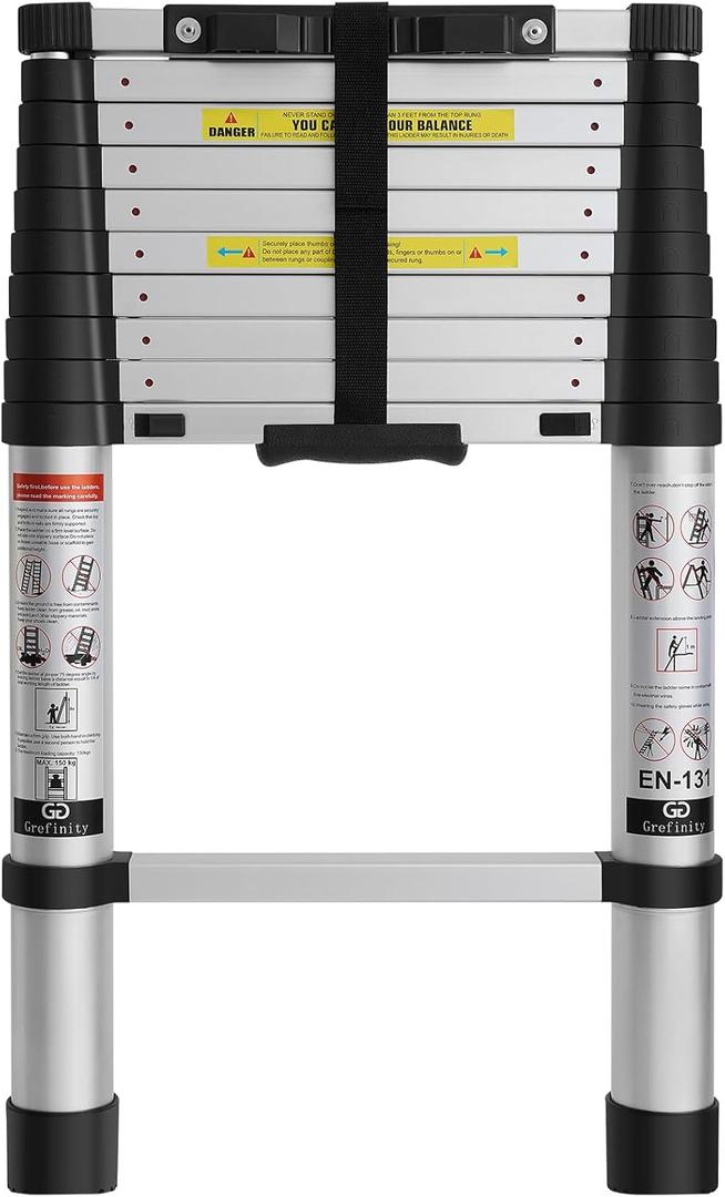 10.5 FT Aluminum Telescoping Ladder, One Button Retraction Extension Ladder, 375 lbs Load Capacity with Non-Slip Wide Feet, Compact Portable for Indoor Outdoor Use, RV, Attic and Roof Use