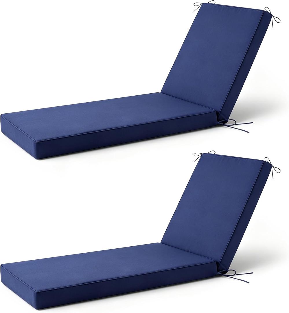 2 Pcs Chaise Lounge Cushions Outdoor, 72x 21x 3 Inch Waterproof & Fade-Resistant Lounge Chair Cushion, Outdoor Chaise Cushion with Ties for Lawn, Patio, Pool & Beach, Navy Blue