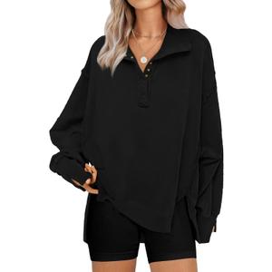 SHEWIN Womens Reverse Seam Snap-Button Henley Sweatshirt Casual Loose High Low Split Pullover Tops (Black)