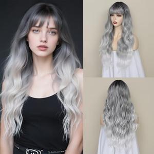 Long Grey Wavy Wig With Bangs for Women 26 Inch Ombre Gray Curly Wavy Wig With Bangs Natural Looking Synthetic Heat Resistant Fiber Wig for Daily Party Use