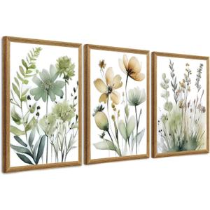 SYWENNOI Wood Framed Green Botanical Canvas Wall Art, Boho Floral Watercolor Art Wall Decor, Minimalist Flower Pictures Poster Prints for Bedroom Bathroom Living Room Ready to Hang 16x24 Inches