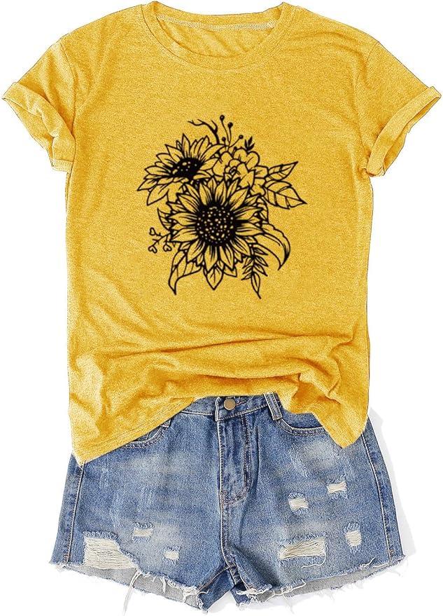 Sunflower T Shirts for Women Cute Dandelion Daisy Print Tops Soft Cotton Summer Workout Graphic Tees, Yellow, XX-Large