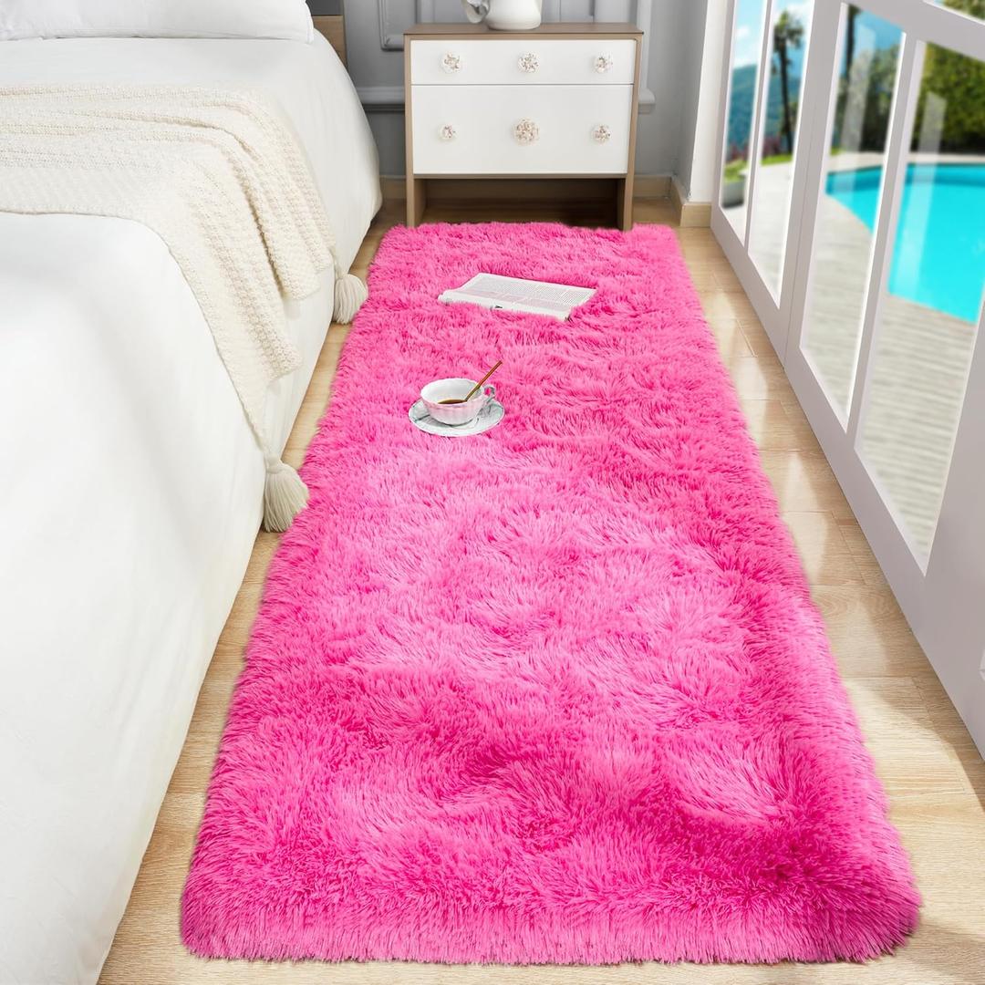 Foxmas Soft Runner Rug for Bedroom Living Room, 2x6 Feet Fluffy Area Rugs Shag Bedside Rug for Kids Nursery Room Plush Shaggy Dorm Hallway Rugs with Non-Slip Bottom Home Decor Carpet, Black (Hot Pink)