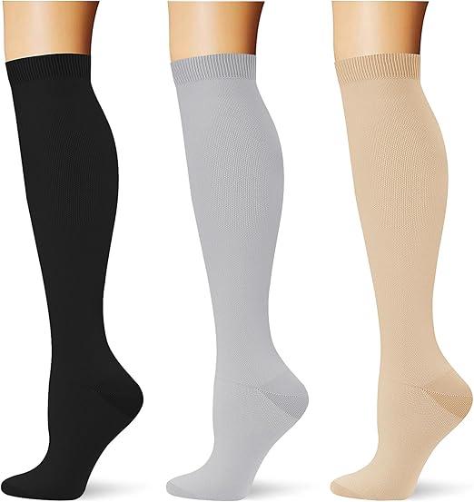(3 pairs) Compression Socks for Women Men 20-30 mmHg Long Knee High Socks Circulation Athletic Support Running Black/Nude/Lightgrey L/XL