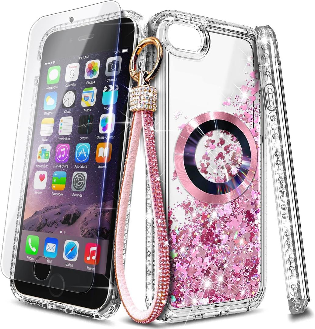 NGB Designed for iPhone 8 Plus & iPhone 7 Plus/6 Plus/6S Plus Case, Rose Gold | Magnetic Compatible with MagSafe | Glitter Liquid Cute Cover for Women Girls | with Screen Protector & Wrist Strap