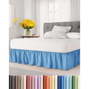 Wrap Around Dust Ruffle Bed Skirt - Denim Blue - for Full Size Beds with 15 Inch Drop - Elastic Strap - Adjustable Pleated Bedskirt with Brushed Fabric and Wrinkle Free - for Women, Men, Kids & Teens