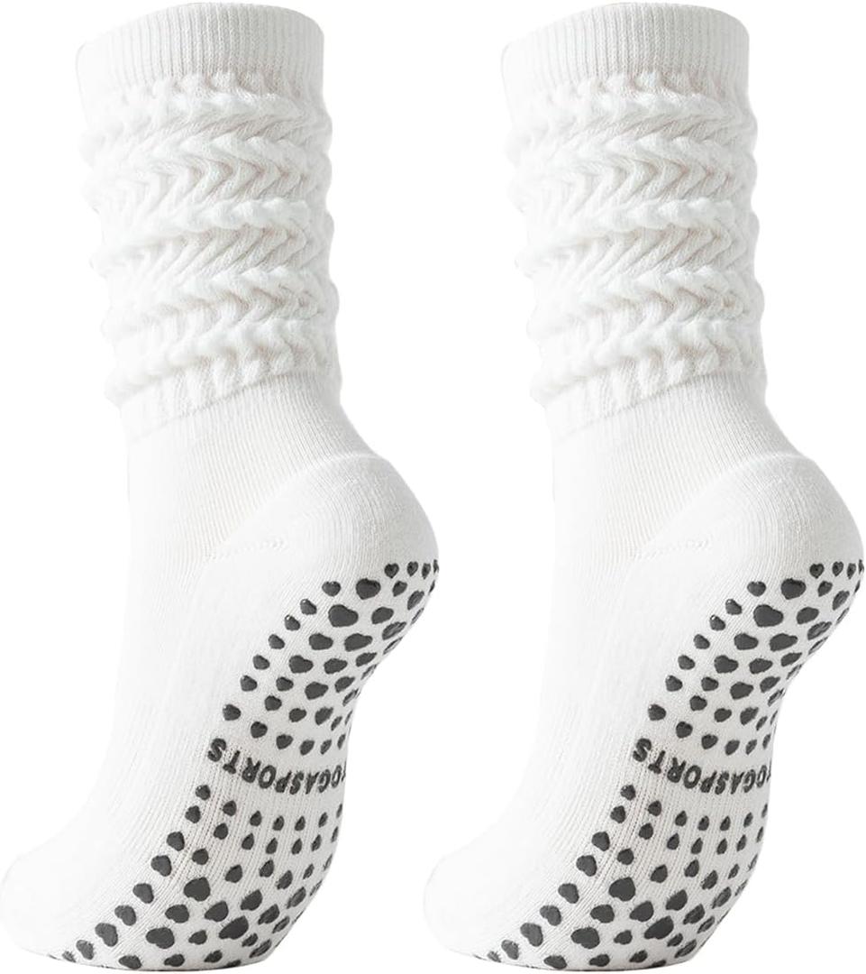 Scrunch Pilates Grip Socks for Women, Yoga Slouch Socks with Grip for Dance Gym Exercise (White, S)