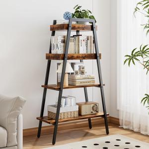 VECELO Book Shelf, 4 Tier Wooden Ladder Bookcase with Metal Frame, Enclosed Edges Combined with Open Display, Decorative and Plant Stand for Living Room/Farmhouse/Bedroom/Home Office-Brown, Depth: 9 Inches
