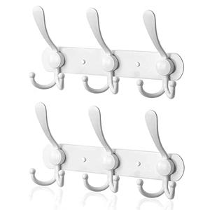 YUNISS Coat Rack Wall Mounted，3 Tri Stainless Steel Coat Hook for Coat Hat Robes Towel in Mudroom Entryway (White, 2 Pack 3 Hook)