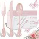 WDF 120 Pieces Heavy Duty Pink Plastic Cutlery Set - Disposable Utensils - Disposable Flatware Includes 40 Forks, 40 Spoons, 40 Knives for Party Baby Shower Wedding Spring Mother's Day