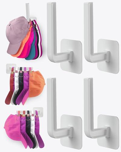 Sunfanie Hat Rack for Hat Storage (4-Pack), Multi-Purpose Hat Organizer, Strong Adhesive Hat Hooks for Wall Organizer for Baseball Caps, Two Mounting Options Hook, White