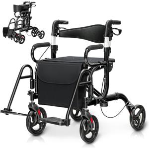 GOFLAME 2-in-1 Rollator Walker for Seniors, Folding Transport Chair with Seat, Reversible Backrest, Storage Bag, Height Adjustable Handle, Umbrella Holder & Pedal, 4 Wheel Mobility Walking Aid, Black