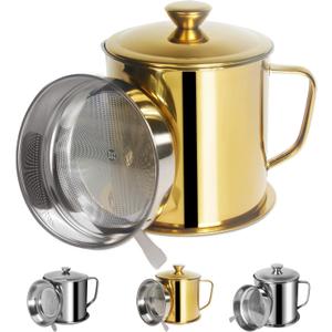 Tellshun Bacon Grease Container with Strainer 1.8 L / 60 oz Kitchen Catcher Food-grade Stainless Steel Cooking Oil Keeper with Lid and Easy-Grip Handle Suitable for Storing Frying Oil